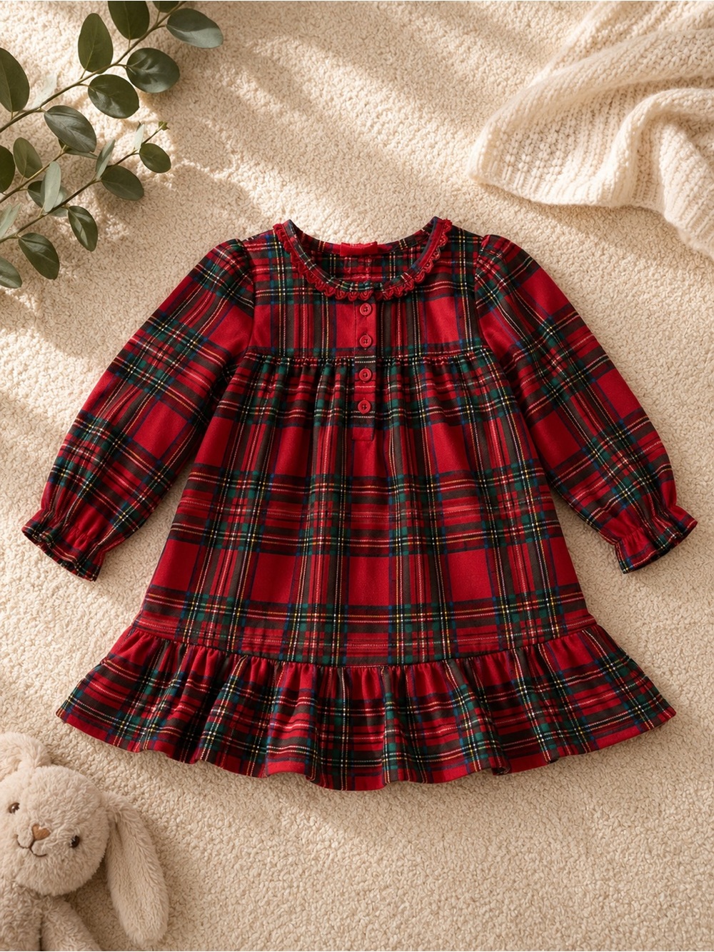 Girls Red Plaid Long-Sleeve Nightgown with Ruffle Hem